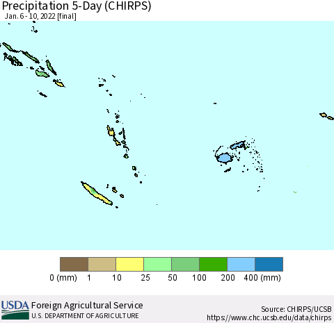 Fiji, Samoa, Solomon Isl. and Vanuatu Precipitation 5-Day (CHIRPS) Thematic Map For 1/6/2022 - 1/10/2022