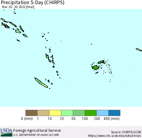 Fiji, Samoa, Solomon Isl. and Vanuatu Precipitation 5-Day (CHIRPS) Thematic Map For 3/16/2022 - 3/20/2022