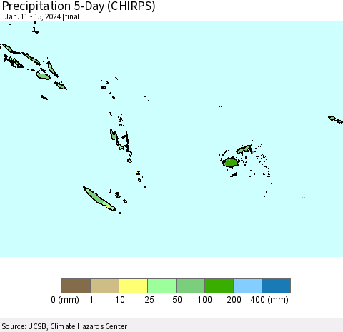 Fiji, Samoa, Solomon Isl. and Vanuatu Precipitation 5-Day (CHIRPS) Thematic Map For 1/11/2024 - 1/15/2024