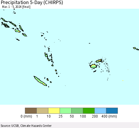 Fiji, Samoa, Solomon Isl. and Vanuatu Precipitation 5-Day (CHIRPS) Thematic Map For 3/1/2024 - 3/5/2024