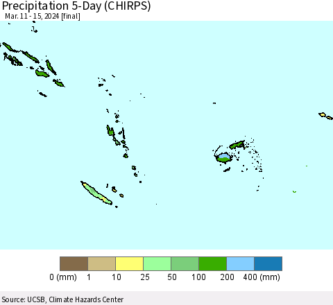 Fiji, Samoa, Solomon Isl. and Vanuatu Precipitation 5-Day (CHIRPS) Thematic Map For 3/11/2024 - 3/15/2024