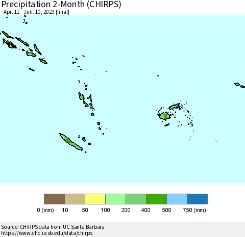 Fiji, Samoa, Solomon Isl. and Vanuatu Precipitation 2-Month (CHIRPS) Thematic Map For 4/11/2023 - 6/10/2023