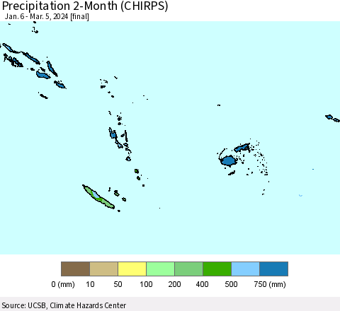 Fiji, Samoa, Solomon Isl. and Vanuatu Precipitation 2-Month (CHIRPS) Thematic Map For 1/6/2024 - 3/5/2024