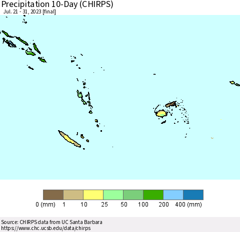 Fiji, Samoa, Solomon Isl. and Vanuatu Precipitation 10-Day (CHIRPS) Thematic Map For 7/21/2023 - 7/31/2023