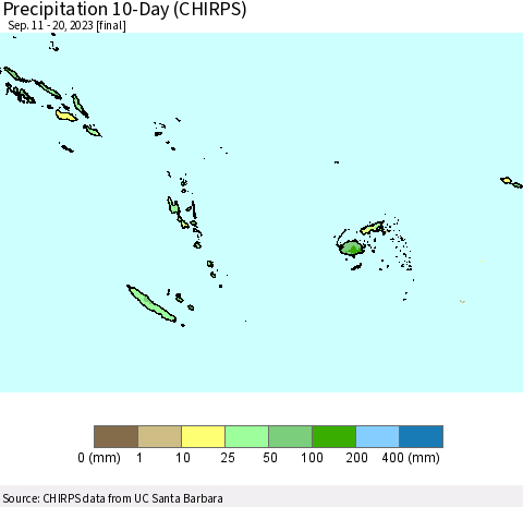 Fiji, Samoa, Solomon Isl. and Vanuatu Precipitation 10-Day (CHIRPS) Thematic Map For 9/11/2023 - 9/20/2023