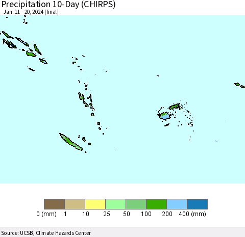 Fiji, Samoa, Solomon Isl. and Vanuatu Precipitation 10-Day (CHIRPS) Thematic Map For 1/11/2024 - 1/20/2024