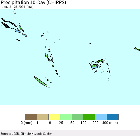 Fiji, Samoa, Solomon Isl. and Vanuatu Precipitation 10-Day (CHIRPS) Thematic Map For 1/16/2024 - 1/25/2024