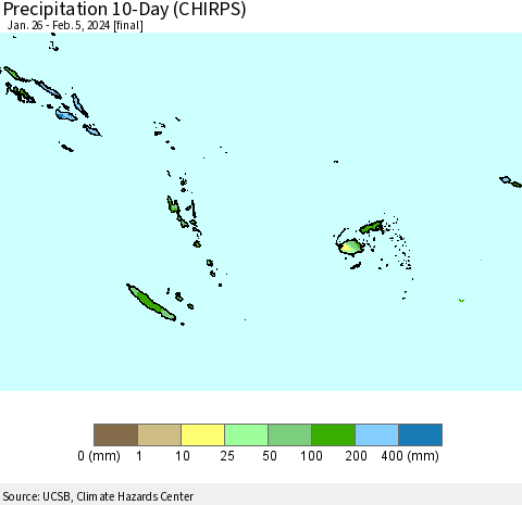 Fiji, Samoa, Solomon Isl. and Vanuatu Precipitation 10-Day (CHIRPS) Thematic Map For 1/26/2024 - 2/5/2024