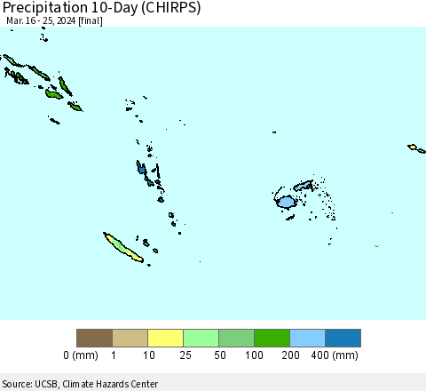 Fiji, Samoa, Solomon Isl. and Vanuatu Precipitation 10-Day (CHIRPS) Thematic Map For 3/16/2024 - 3/25/2024