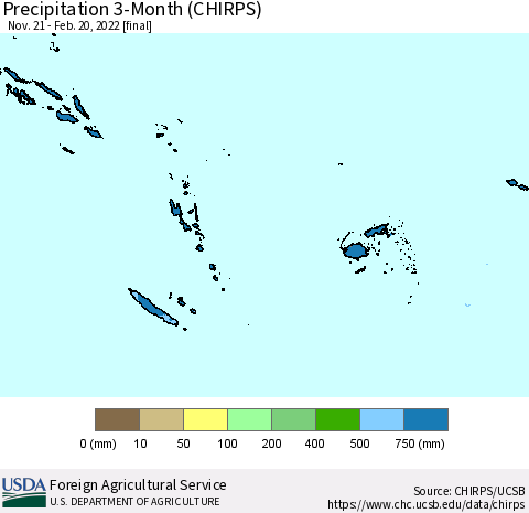Fiji, Samoa, Solomon Isl. and Vanuatu Precipitation 3-Month (CHIRPS) Thematic Map For 11/21/2021 - 2/20/2022