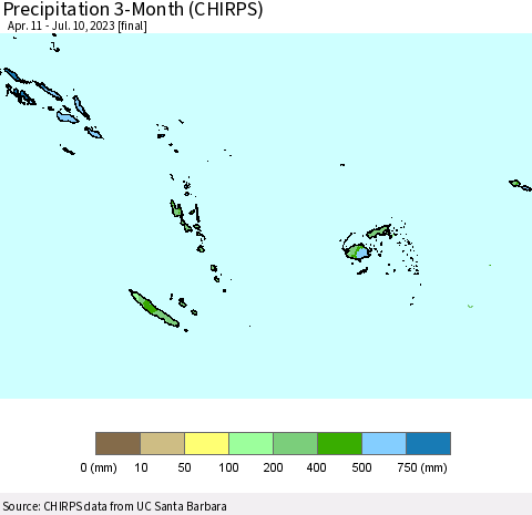 Fiji, Samoa, Solomon Isl. and Vanuatu Precipitation 3-Month (CHIRPS) Thematic Map For 4/11/2023 - 7/10/2023