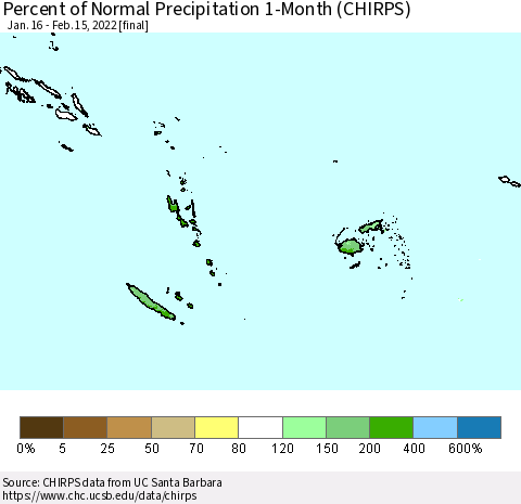 Fiji, Samoa, Solomon Isl. and Vanuatu Percent of Normal Precipitation 1-Month (CHIRPS) Thematic Map For 1/16/2022 - 2/15/2022