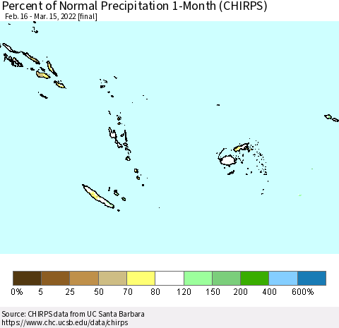 Fiji, Samoa, Solomon Isl. and Vanuatu Percent of Normal Precipitation 1-Month (CHIRPS) Thematic Map For 2/16/2022 - 3/15/2022