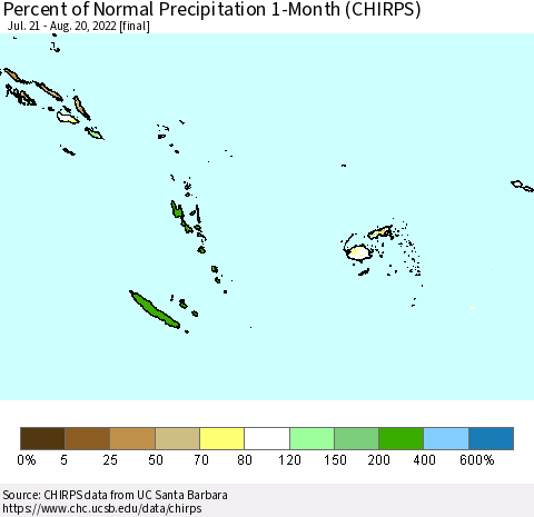 Fiji, Samoa, Solomon Isl. and Vanuatu Percent of Normal Precipitation 1-Month (CHIRPS) Thematic Map For 7/21/2022 - 8/20/2022