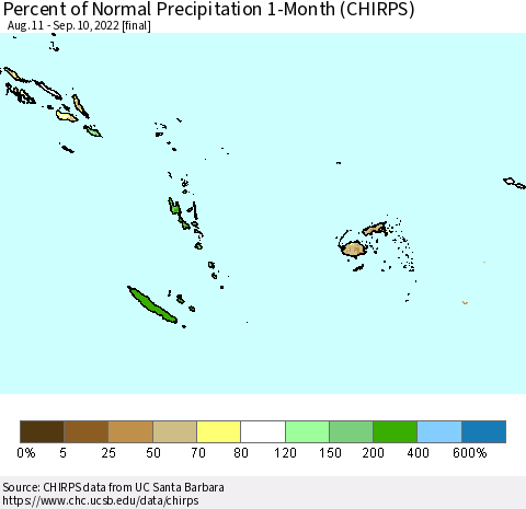 Fiji, Samoa, Solomon Isl. and Vanuatu Percent of Normal Precipitation 1-Month (CHIRPS) Thematic Map For 8/11/2022 - 9/10/2022
