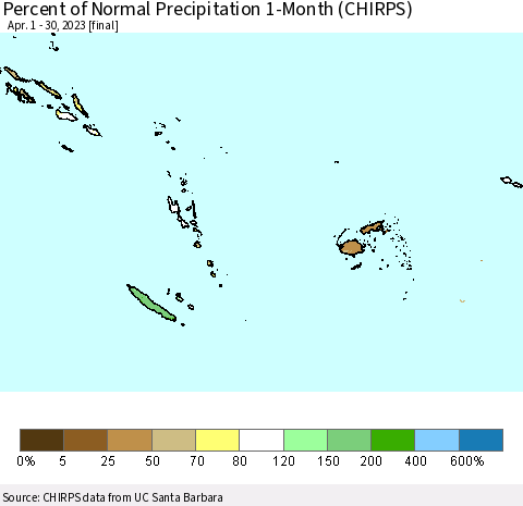 Fiji, Samoa, Solomon Isl. and Vanuatu Percent of Normal Precipitation 1-Month (CHIRPS) Thematic Map For 4/1/2023 - 4/30/2023
