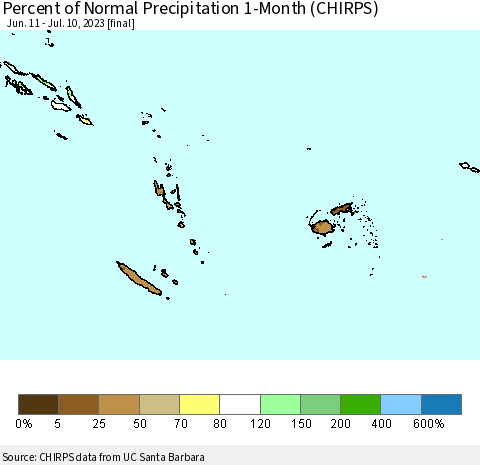 Fiji, Samoa, Solomon Isl. and Vanuatu Percent of Normal Precipitation 1-Month (CHIRPS) Thematic Map For 6/11/2023 - 7/10/2023