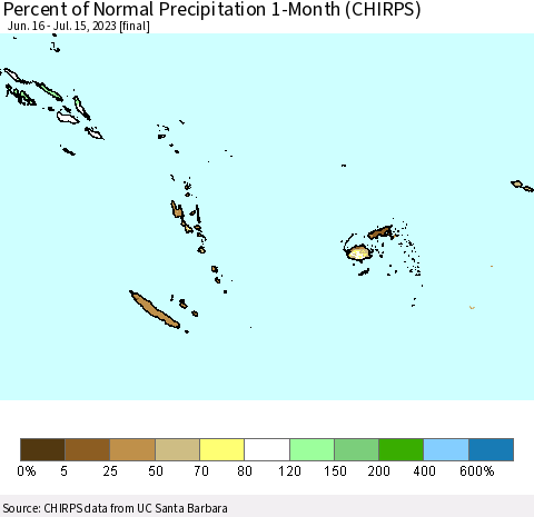 Fiji, Samoa, Solomon Isl. and Vanuatu Percent of Normal Precipitation 1-Month (CHIRPS) Thematic Map For 6/16/2023 - 7/15/2023