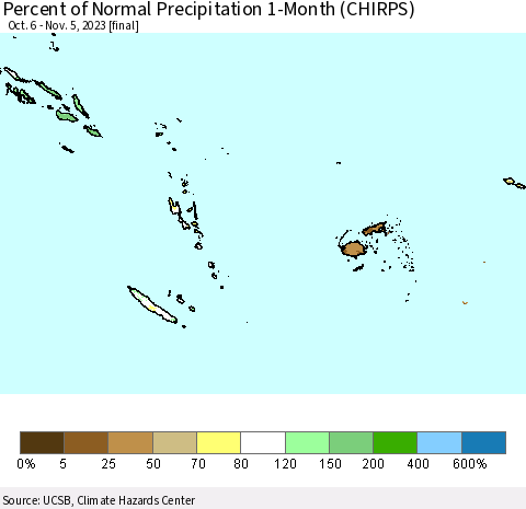 Fiji, Samoa, Solomon Isl. and Vanuatu Percent of Normal Precipitation 1-Month (CHIRPS) Thematic Map For 10/6/2023 - 11/5/2023