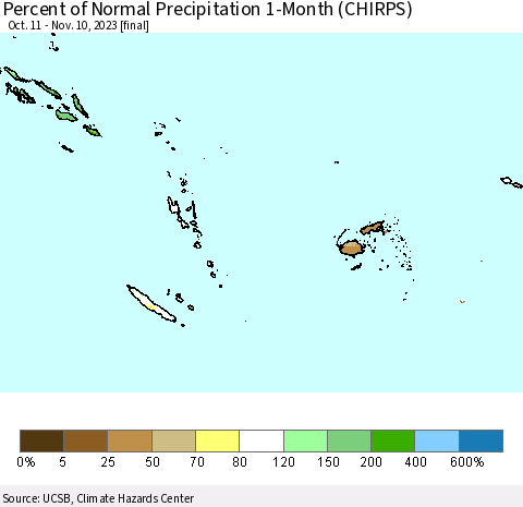 Fiji, Samoa, Solomon Isl. and Vanuatu Percent of Normal Precipitation 1-Month (CHIRPS) Thematic Map For 10/11/2023 - 11/10/2023