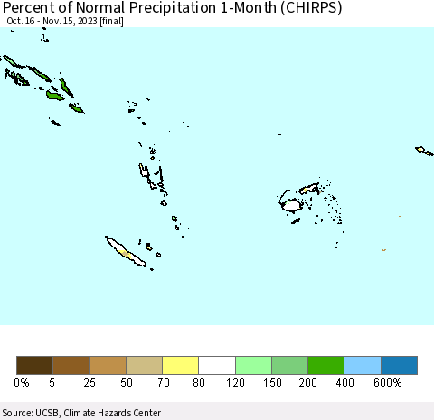 Fiji, Samoa, Solomon Isl. and Vanuatu Percent of Normal Precipitation 1-Month (CHIRPS) Thematic Map For 10/16/2023 - 11/15/2023
