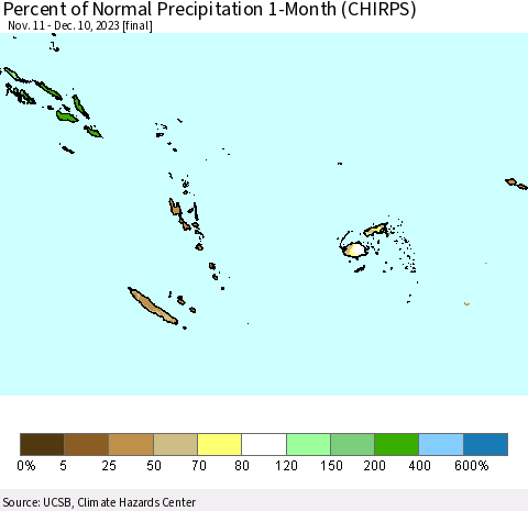 Fiji, Samoa, Solomon Isl. and Vanuatu Percent of Normal Precipitation 1-Month (CHIRPS) Thematic Map For 11/11/2023 - 12/10/2023
