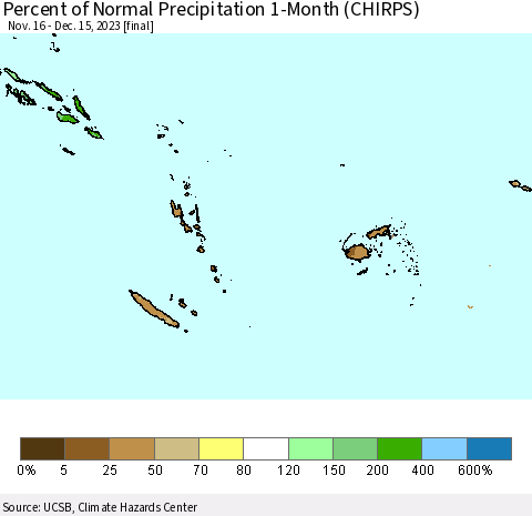 Fiji, Samoa, Solomon Isl. and Vanuatu Percent of Normal Precipitation 1-Month (CHIRPS) Thematic Map For 11/16/2023 - 12/15/2023