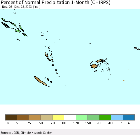 Fiji, Samoa, Solomon Isl. and Vanuatu Percent of Normal Precipitation 1-Month (CHIRPS) Thematic Map For 11/26/2023 - 12/25/2023