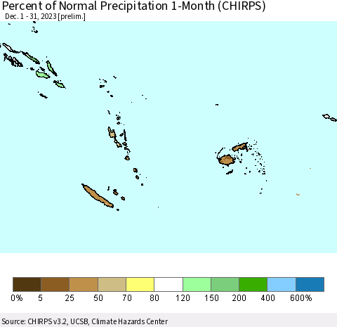 Fiji, Samoa, Solomon Isl. and Vanuatu Percent of Normal Precipitation 1-Month (CHIRPS) Thematic Map For 12/1/2023 - 12/31/2023