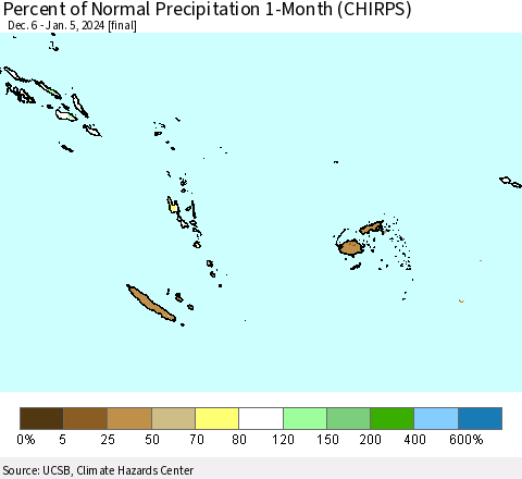 Fiji, Samoa, Solomon Isl. and Vanuatu Percent of Normal Precipitation 1-Month (CHIRPS) Thematic Map For 12/6/2023 - 1/5/2024