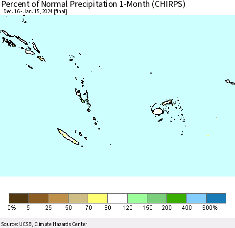 Fiji, Samoa, Solomon Isl. and Vanuatu Percent of Normal Precipitation 1-Month (CHIRPS) Thematic Map For 12/16/2023 - 1/15/2024