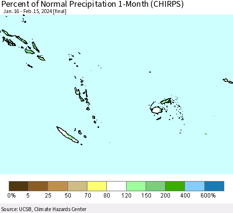 Fiji, Samoa, Solomon Isl. and Vanuatu Percent of Normal Precipitation 1-Month (CHIRPS) Thematic Map For 1/16/2024 - 2/15/2024