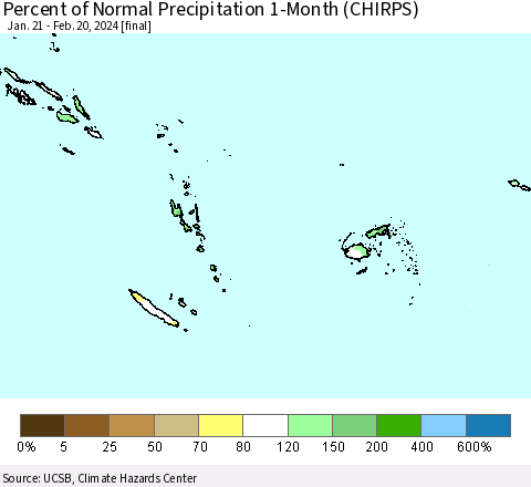 Fiji, Samoa, Solomon Isl. and Vanuatu Percent of Normal Precipitation 1-Month (CHIRPS) Thematic Map For 1/21/2024 - 2/20/2024