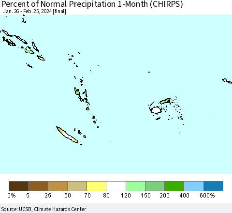 Fiji, Samoa, Solomon Isl. and Vanuatu Percent of Normal Precipitation 1-Month (CHIRPS) Thematic Map For 1/26/2024 - 2/25/2024