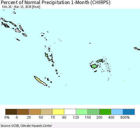 Fiji, Samoa, Solomon Isl. and Vanuatu Percent of Normal Precipitation 1-Month (CHIRPS) Thematic Map For 2/16/2024 - 3/15/2024