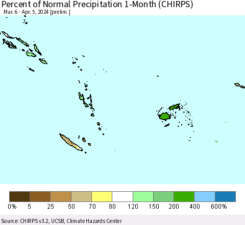 Fiji, Samoa, Solomon Isl. and Vanuatu Percent of Normal Precipitation 1-Month (CHIRPS) Thematic Map For 3/6/2024 - 4/5/2024