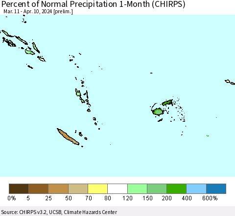 Fiji, Samoa, Solomon Isl. and Vanuatu Percent of Normal Precipitation 1-Month (CHIRPS) Thematic Map For 3/11/2024 - 4/10/2024