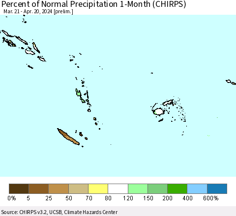 Fiji, Samoa, Solomon Isl. and Vanuatu Percent of Normal Precipitation 1-Month (CHIRPS) Thematic Map For 3/21/2024 - 4/20/2024