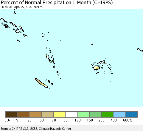 Fiji, Samoa, Solomon Isl. and Vanuatu Percent of Normal Precipitation 1-Month (CHIRPS) Thematic Map For 3/26/2024 - 4/25/2024