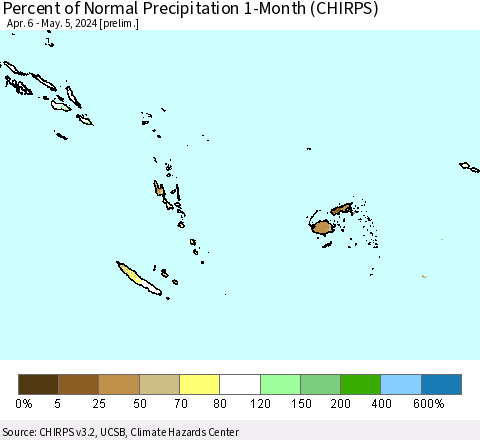 Fiji, Samoa, Solomon Isl. and Vanuatu Percent of Normal Precipitation 1-Month (CHIRPS) Thematic Map For 4/6/2024 - 5/5/2024