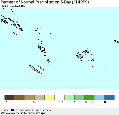 Fiji, Samoa, Solomon Isl. and Vanuatu Percent of Normal Precipitation 5-Day (CHIRPS) Thematic Map For 1/6/2022 - 1/10/2022