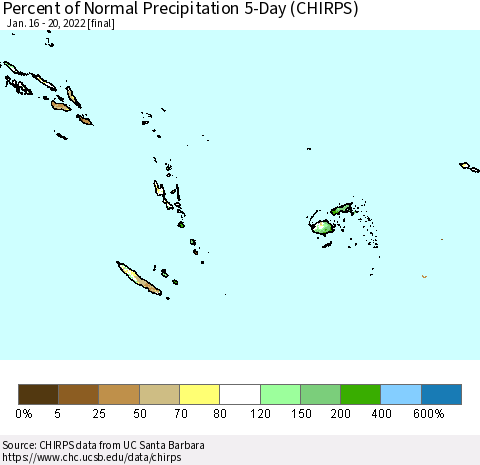 Fiji, Samoa, Solomon Isl. and Vanuatu Percent of Normal Precipitation 5-Day (CHIRPS) Thematic Map For 1/16/2022 - 1/20/2022