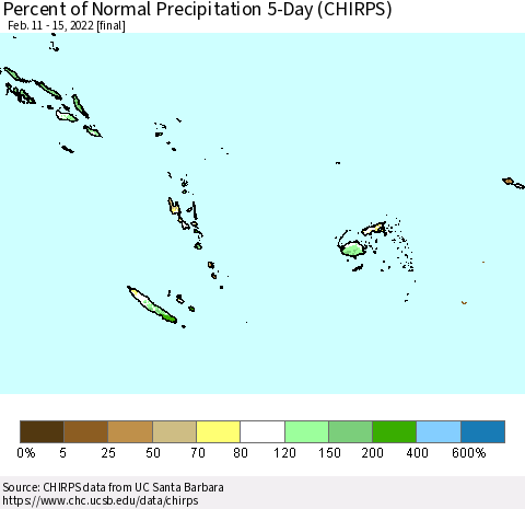 Fiji, Samoa, Solomon Isl. and Vanuatu Percent of Normal Precipitation 5-Day (CHIRPS) Thematic Map For 2/11/2022 - 2/15/2022