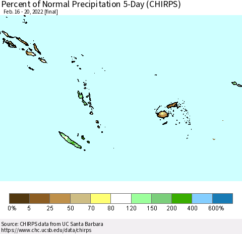 Fiji, Samoa, Solomon Isl. and Vanuatu Percent of Normal Precipitation 5-Day (CHIRPS) Thematic Map For 2/16/2022 - 2/20/2022
