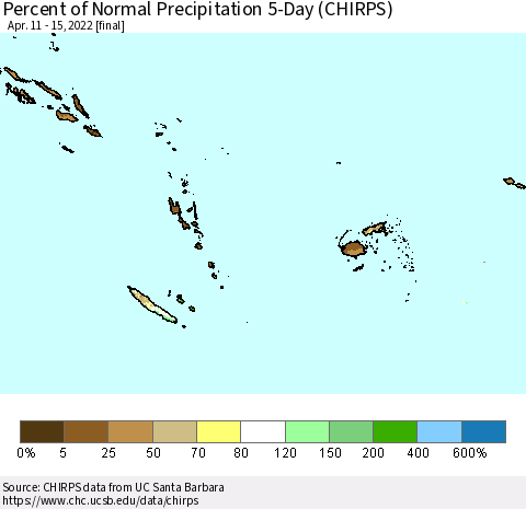 Fiji, Samoa, Solomon Isl. and Vanuatu Percent of Normal Precipitation 5-Day (CHIRPS) Thematic Map For 4/11/2022 - 4/15/2022