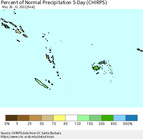 Fiji, Samoa, Solomon Isl. and Vanuatu Percent of Normal Precipitation 5-Day (CHIRPS) Thematic Map For 5/26/2022 - 5/31/2022
