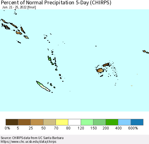 Fiji, Samoa, Solomon Isl. and Vanuatu Percent of Normal Precipitation 5-Day (CHIRPS) Thematic Map For 6/21/2022 - 6/25/2022