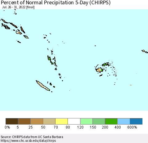 Fiji, Samoa, Solomon Isl. and Vanuatu Percent of Normal Precipitation 5-Day (CHIRPS) Thematic Map For 7/26/2022 - 7/31/2022