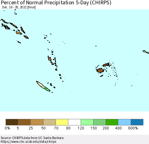 Fiji, Samoa, Solomon Isl. and Vanuatu Percent of Normal Precipitation 5-Day (CHIRPS) Thematic Map For 12/16/2022 - 12/20/2022