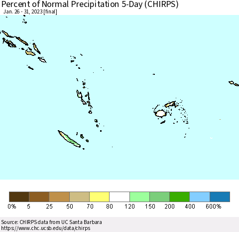 Fiji, Samoa, Solomon Isl. and Vanuatu Percent of Normal Precipitation 5-Day (CHIRPS) Thematic Map For 1/26/2023 - 1/31/2023